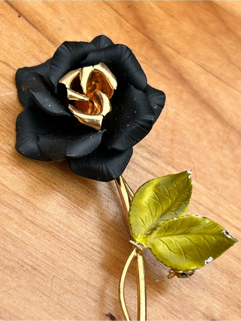 Vintage Black Rose Brooch Gold Tone Green Enamel Leaf Floral Pin 3.25 Inch